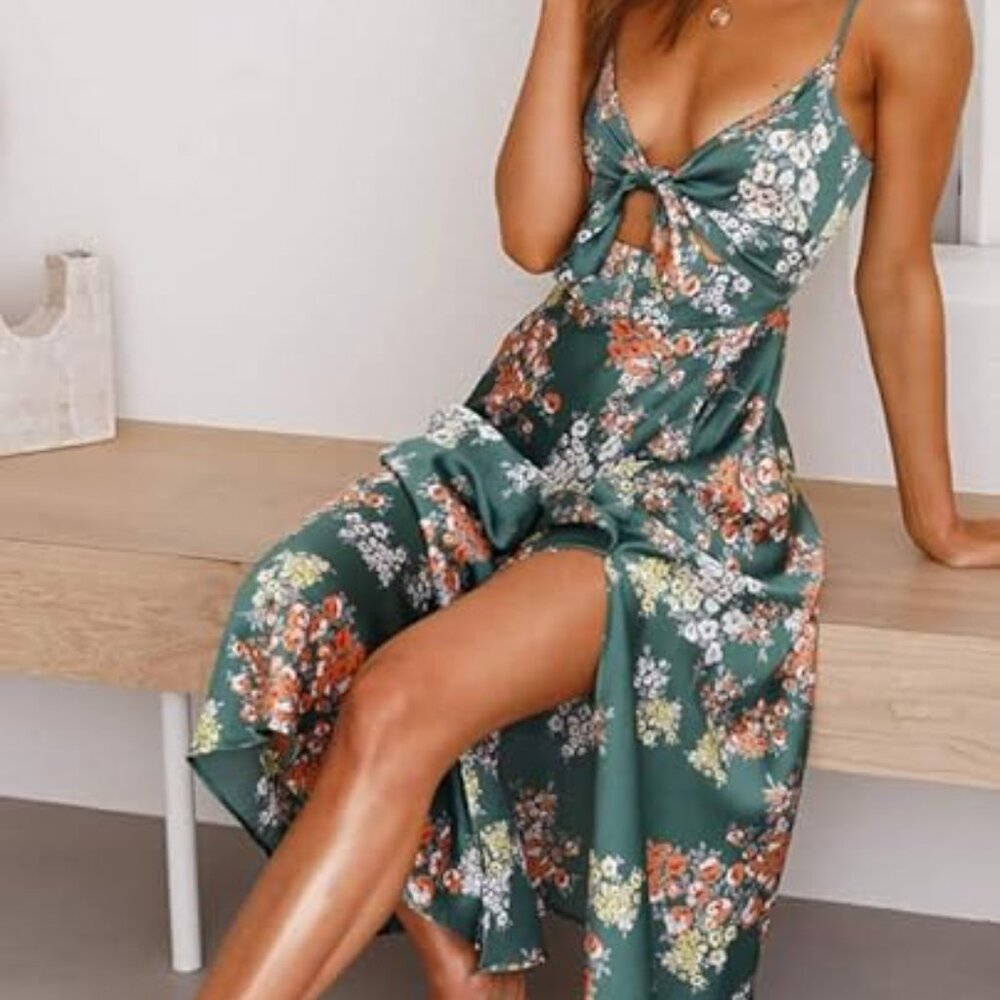 Dokoto Women's Summer Floral Print Spaghetti Strap Sundress V Neck Tie Front Max - Picture 2 of 6